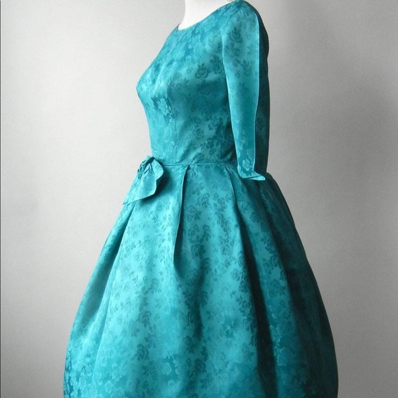 Vintage 1950 Teal Satin Damask Dress - Picture 6 of 6